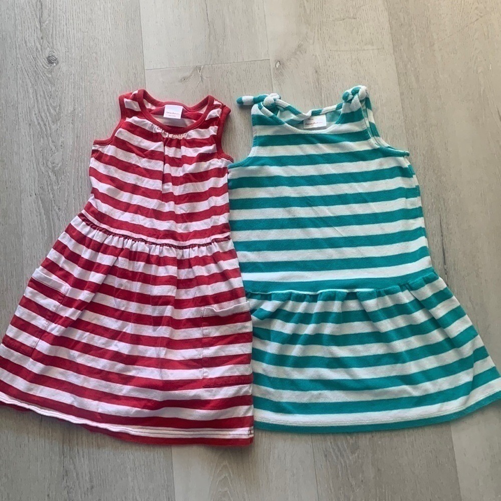 Hanna Andersson Girls Striped Dress Lot 2 Red Teal White Cotton Terry Size 6-7